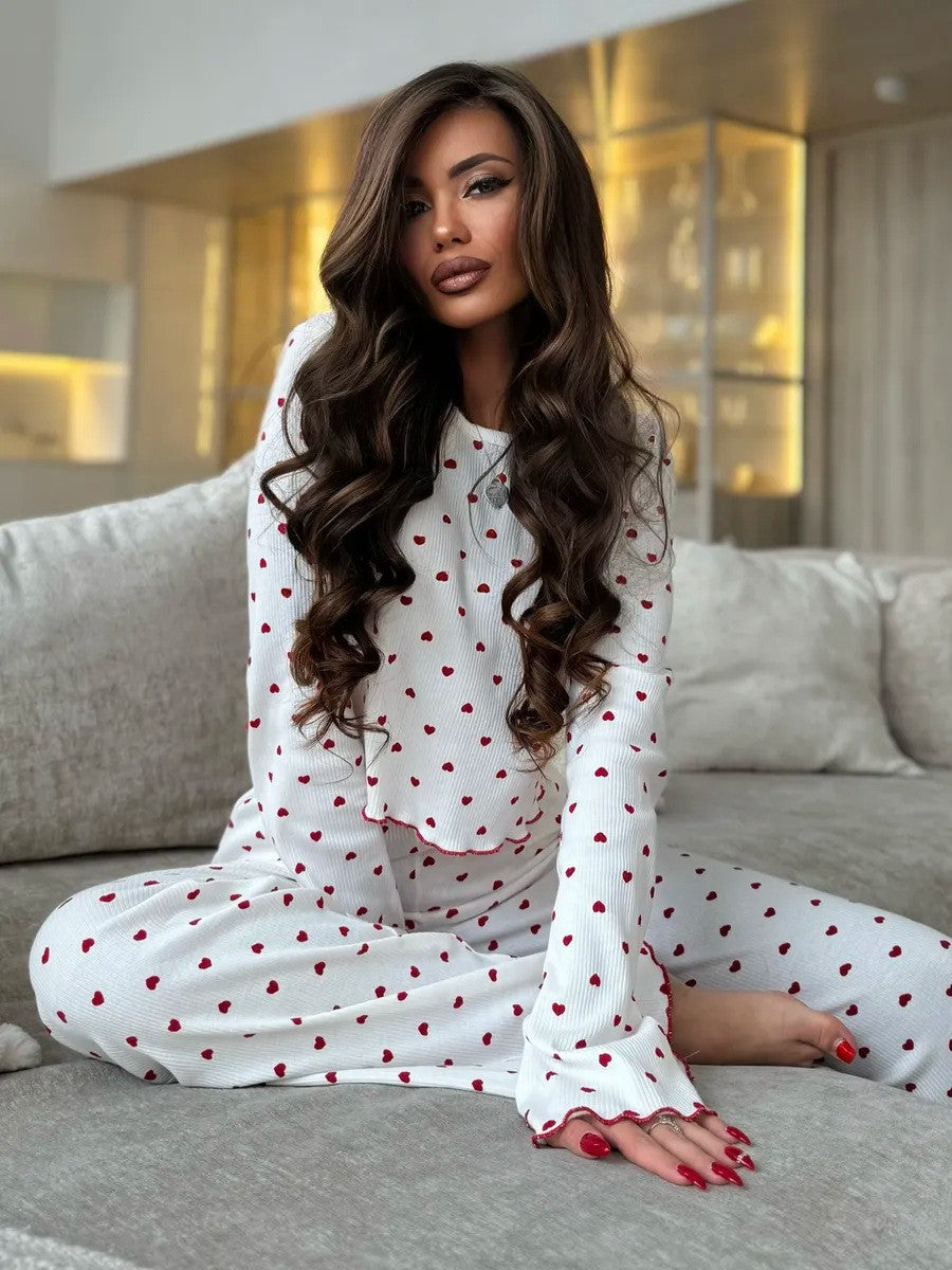 Lace Trim Women Pajama Set Short Sleeve Front Button Top & Full-Length Pants Cherry Print 2 Pieces Sleepwear Nightwear Homewear