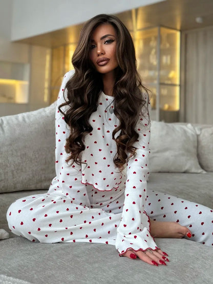 Lace Trim Women Pajama Set Short Sleeve Front Button Top & Full-Length Pants Cherry Print 2 Pieces Sleepwear Nightwear Homewear