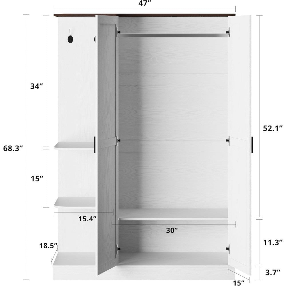 Wardrobe Closet, Modern Bedroom Armoires with 5 Shelves, 2 Doors, Large Wooden Closet Cabinet with 30W x 52H Hanging Area