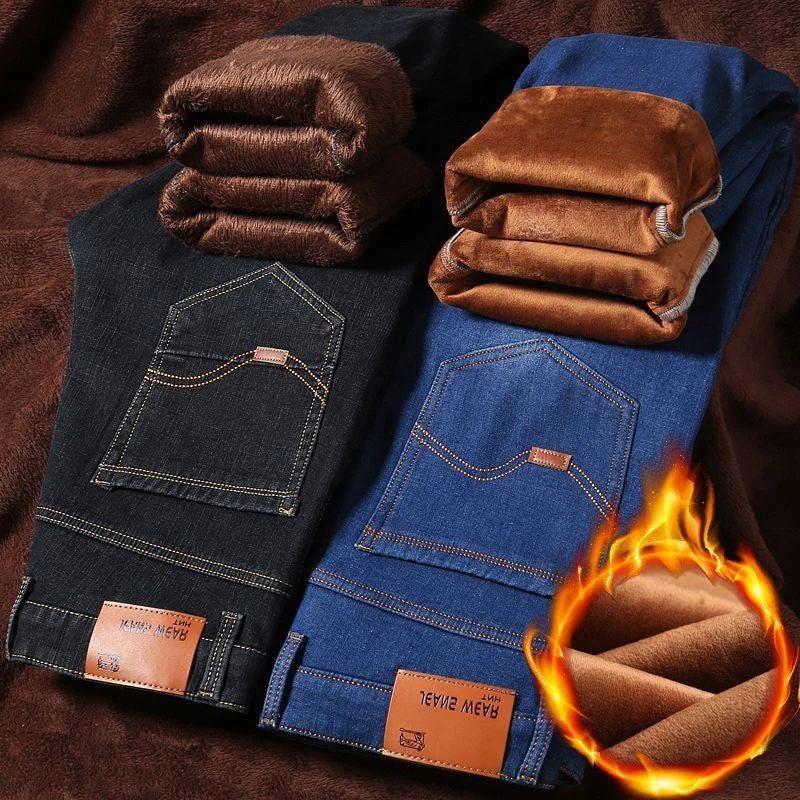 Men New Winter Warm Jeans Male Fleece Lined Thickened Denim Pants Loose Straight Cold Protection Casual Breathable Trousers