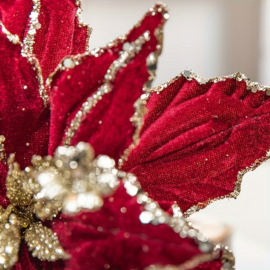 1/4pcs Christmas Holiday Decorative Flowers Artificial Flowers,Shiny Sequin Velvet Christmas Flowers 25.91cm,  home decor