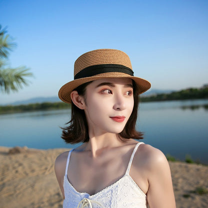 Chapéu Panamá COKK, Simples, de Verão, Praia, Feminino, Casual, Aba Reta, Chapéu de Palha com Laço para Meninas, Chapéu de Sol, Chapéu Feminino
