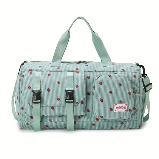 Large Capacity Travel Duffel Bag with Strawberry Pattern, Wet/Dry Separation, Independent Shoe Compartment & Multiple Pockets