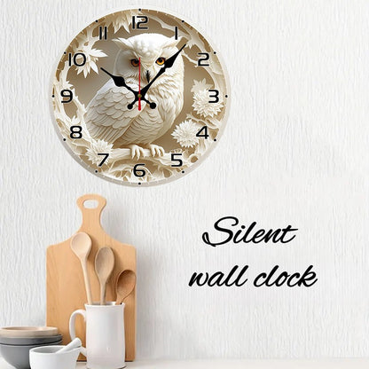 White Owl Wooden Round Silent Hanging Wall Clock, Suitable For Living Room, Office, Study Room, Bedroom, Home Decoration
