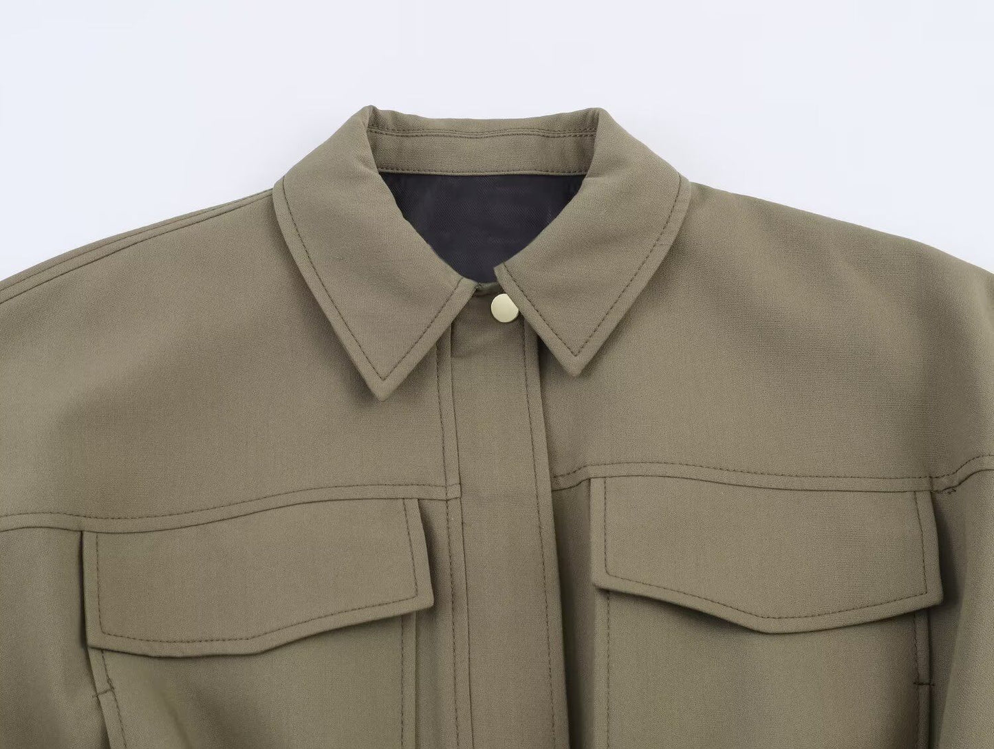 HH Woman Autumn Pleat Hem Pilot Jacket Solid Turn-Down Collar Zipper Single-Breasted Woman Fashion Long-Sleeved Pockets Coat