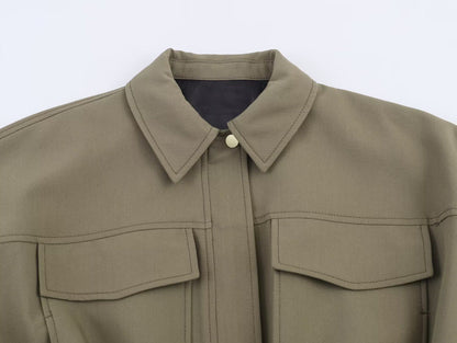 HH Woman Autumn Pleat Hem Pilot Jacket Solid Turn-Down Collar Zipper Single-Breasted Woman Fashion Long-Sleeved Pockets Coat