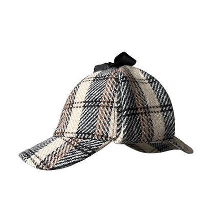 Unisex British-Style Sherlock Holmes Deerstalker Hat for Fall Winter Wool Blend Plaid Double Brim Ear-Warming, Trendy Detective