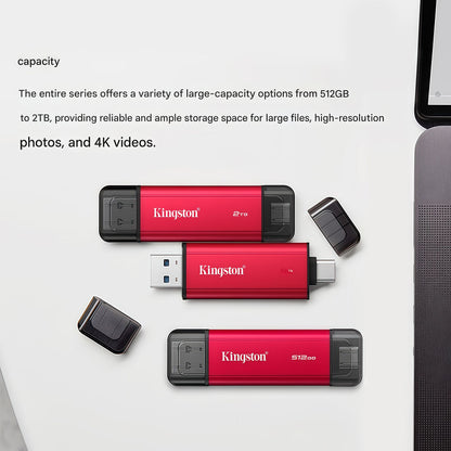 Pendrive USB de estado sólido portátil de alta capacidade Kingston, interface dupla USB 3.2/Gen2 Tipo-C, 1TB