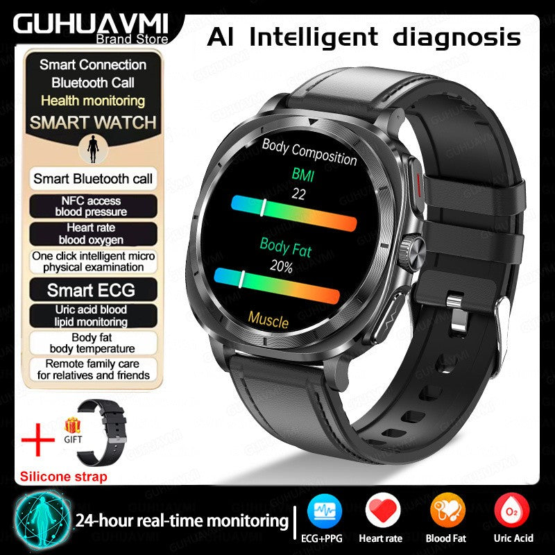 Novo Relógio de Saúde Ácido Úrico Pressão Arterial Oxigênio no Sangue Análise Corporal Gordura Corporal Smartwatch ECG+PPG Chamada Bluetooth Relógio Mulheres Homens