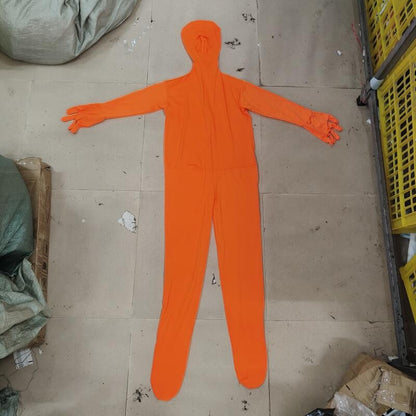 Adult Orange Zentai Bodysuit Open Face Skin Tight Jumpsuit with eard Eyebrow Halloween Cosplay Costume Unisex Full Coverage