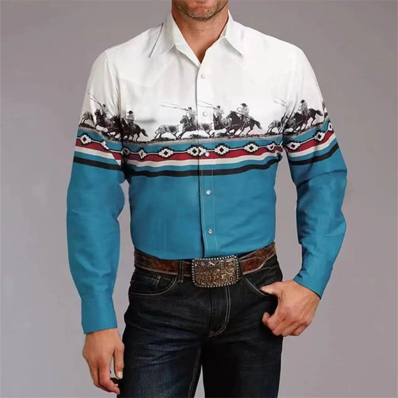 Men's Buttoned Shirt Spring Summer Long Sleeve Mexican Western Denim Comfortable Outdoor Farm Work Fit Easy Clean Large Size 6XL