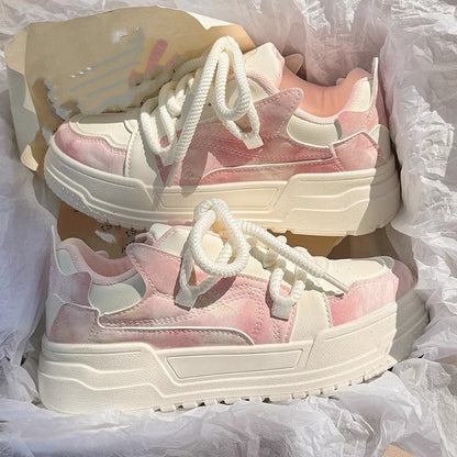 New Fashion Versatile Simple White Shoes Round Toe Thick Sole Lace Up Cute Lightweight Slim Casual Sports Shoes for Women