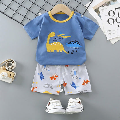 Cotton Pajama Cartoon T-Shirt+Shorts 2-Piece Clothing Set Kids Summer Baby Boys Girls Stripe Casual Tracksuit Clothes Suit 0-6 Y