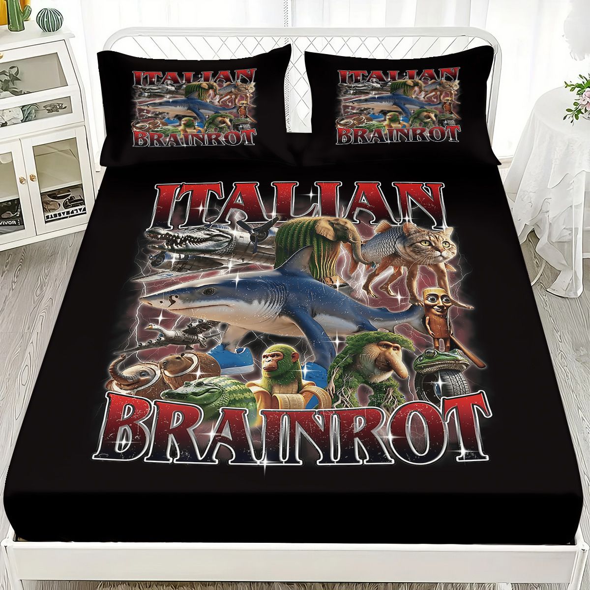 Cartoon ai Brainrot Tung Tung Sahur Team Fitted Sheet Print coreless Fitted Sheet Set Soft Bedspread Bedroom Bedding Decoration