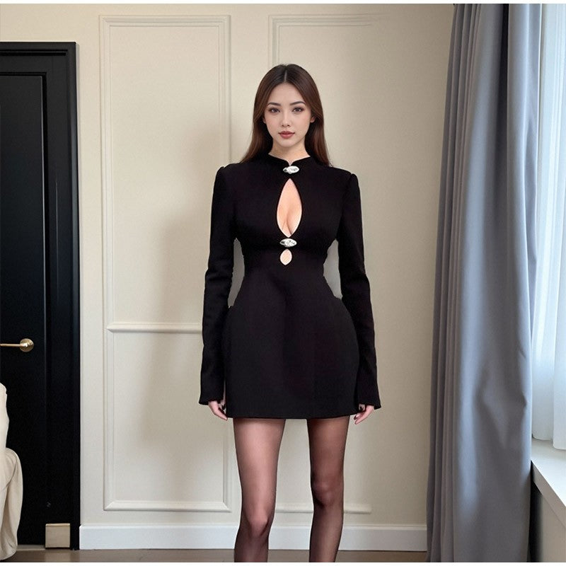Black Hollow Out Mini A-line Dress Women Sexy Round Neck Long Sleeve Waist Cinching Dresses 2025 Lady Chic Party Club Robe