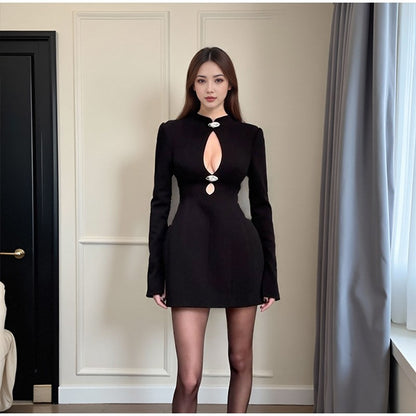 Black Hollow Out Mini A-line Dress Women Sexy Round Neck Long Sleeve Waist Cinching Dresses 2025 Lady Chic Party Club Robe