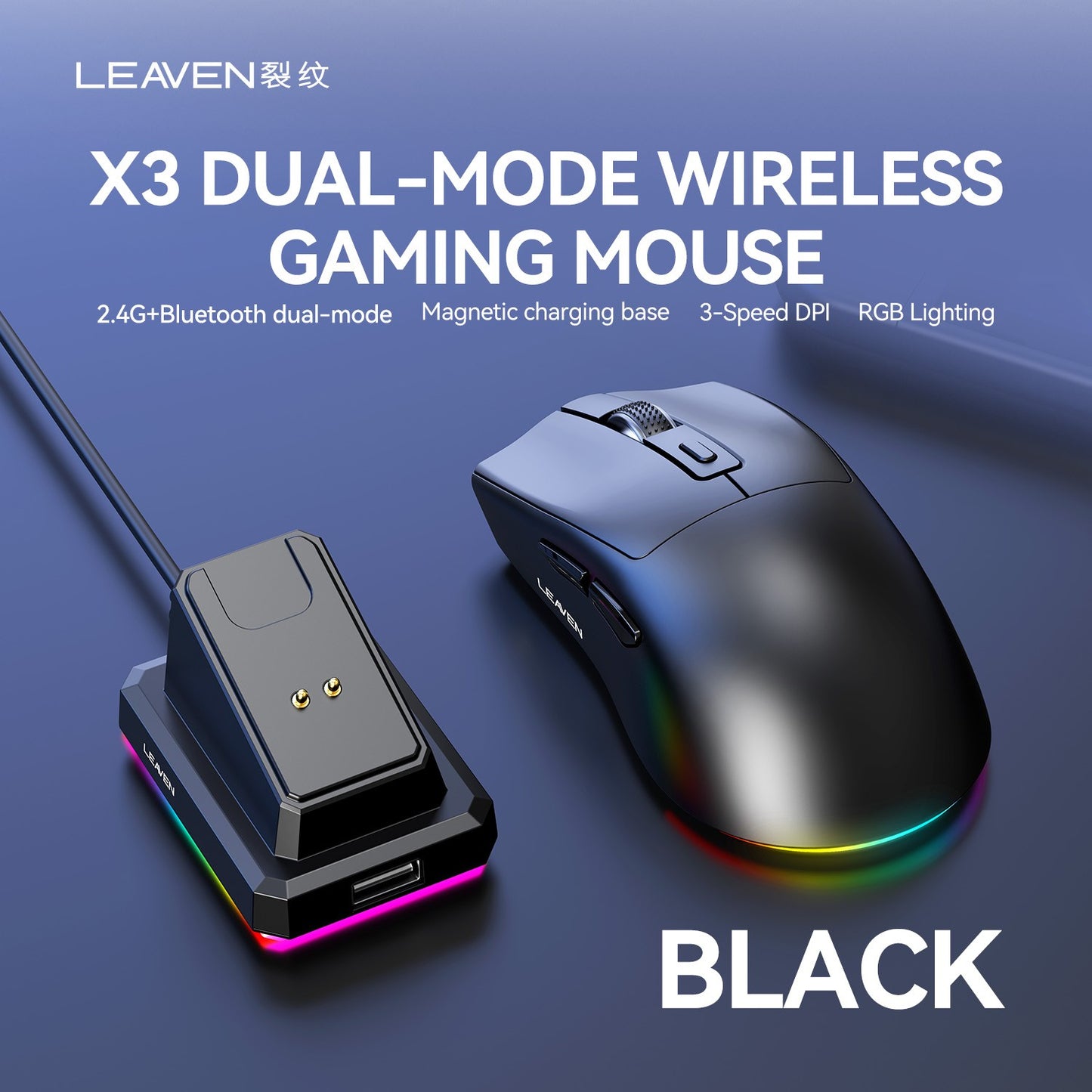 LEAVEN X3 2.4G Bluetooth Modo Duplo Receptor Mouse Óptico Sem Fio Mouse Gamer 1600DPI Mouse Compatível com Bluetooth para MacBook L