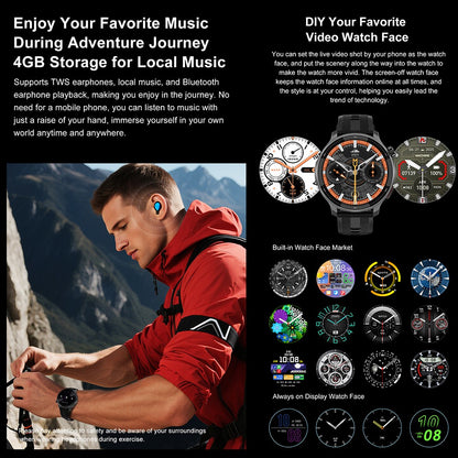 NOVO GPS Mapas Offline Smart Watch 1.43" AMOLED Militar Esportivo Smartwatch 4GB Memória Reprodutor de Vídeo Pulseira à Prova D'água 30m Natação