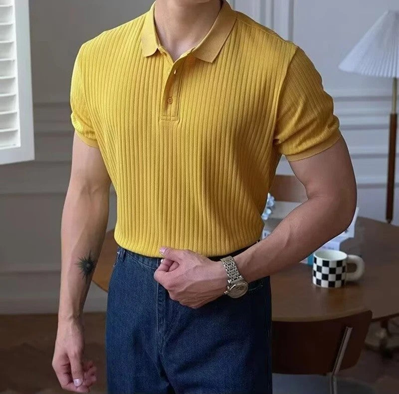 New Vertical Stripe Knit Polo Men's Shirts Summer Slim Solid Color Breathable Turn-Down Collar Business Short Sleeve Polo Tops