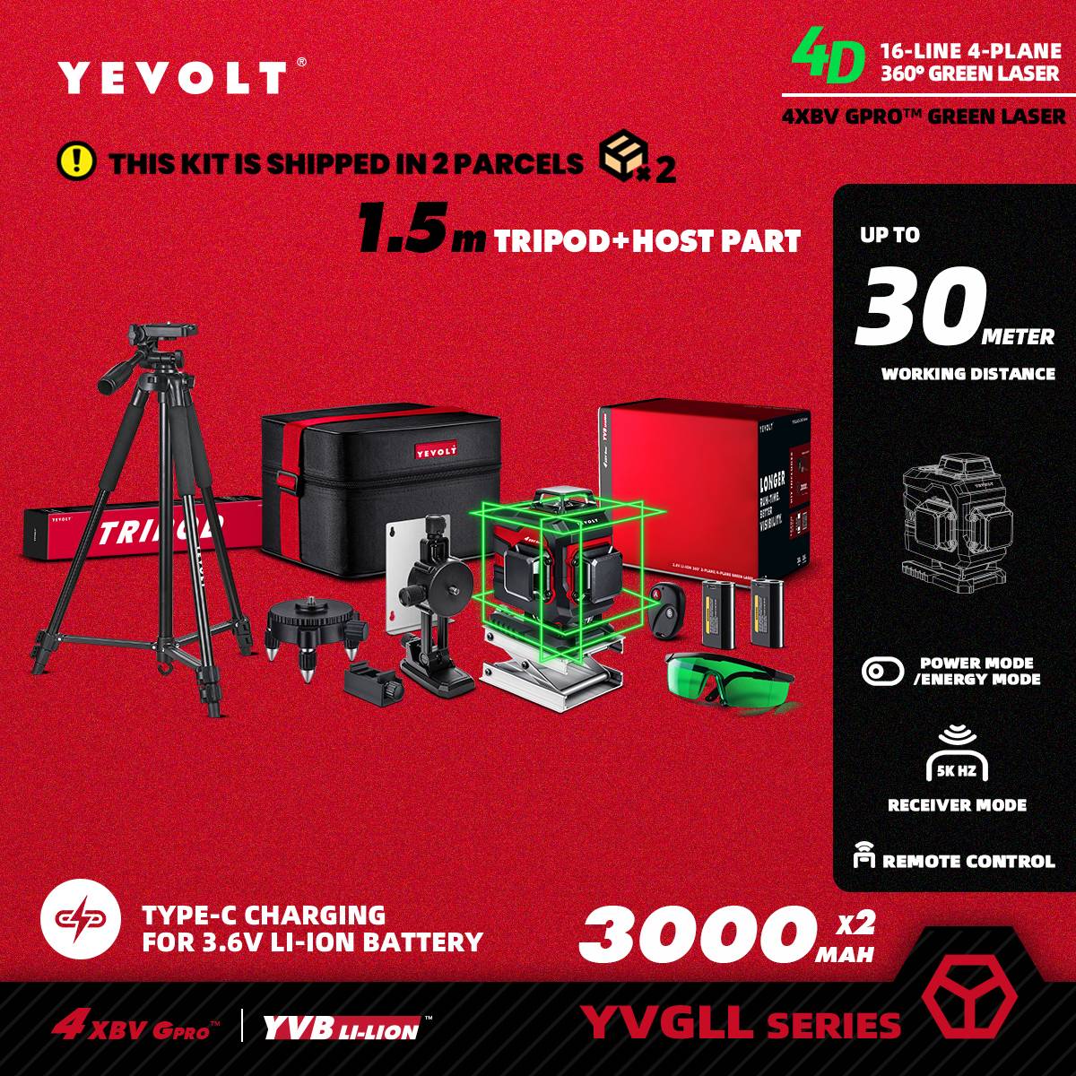 Nível a Laser Verde YEVOLT YVGLL4XS16 Series 4 Planos 16 Linhas Autonivelante 360 3D Ferramentas de Medição de Potência Horizontal e Vertical