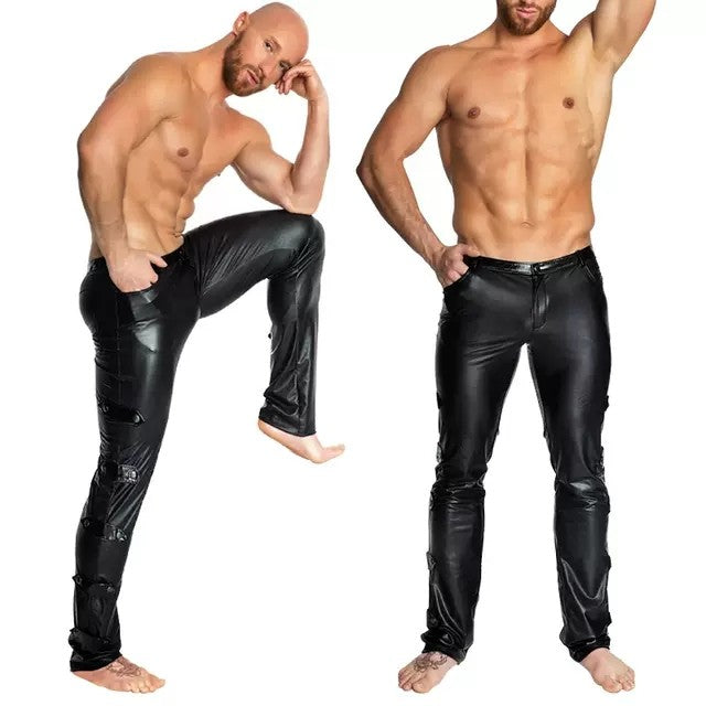 Performance Leather Pants Muscle Men's Slim Fit DJ Lead Dance Gogo ow off Club Bar Youth Trend Long Pants Pure Color