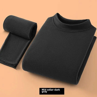 Winter Top and Pants Set Home Wear Warmth Solid Casual Men's Deerskin Thermal Suit High Collar Underwear Heat Velvet Tshirt Set