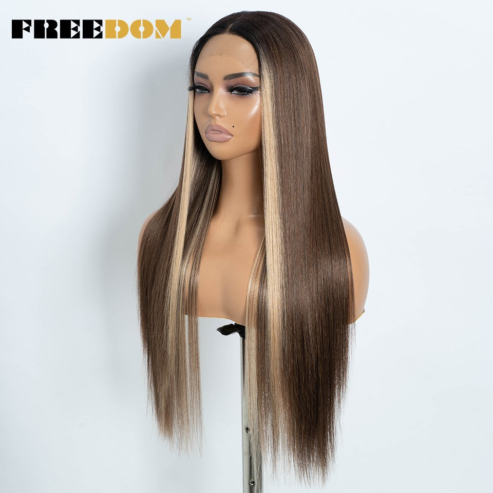 FREEDOM Synthetic Lace Front Wigs For Women Ombre Brown Highlight Long Straight Lace Wig Heat Resistant Cosplay Wigs