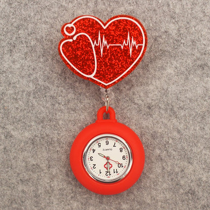Glitter Acrylic Hospital Acrylic Heart Stethoscope Lovely Nurse Doctor Alligator Clip Pocket Watches Medical Hang Clock Gift