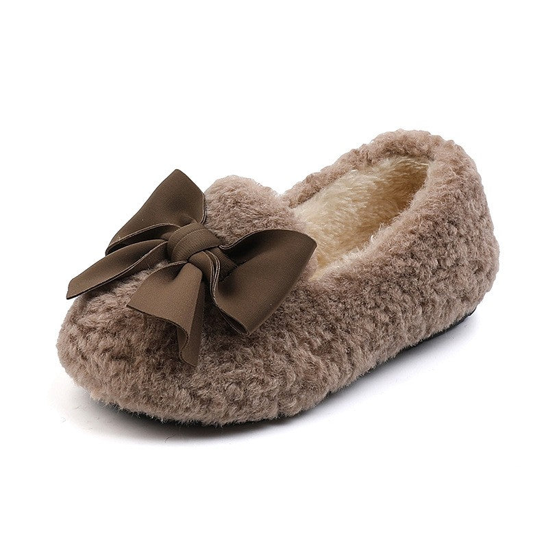 Girls Winter Shoes Cotton-padded Warm Cotton Fur Fluffy Children Flats Kids Loafers Slip-on Princess Sweet Anti-slippery Bowtie