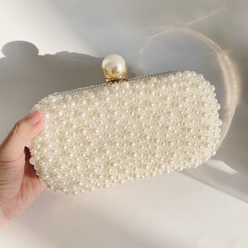 Luxury Crystal Pearl Beaded Evening Clutch Handbag Lady Elegant Wedding Purse Women Oval Shaped Crossbody Chain Bag