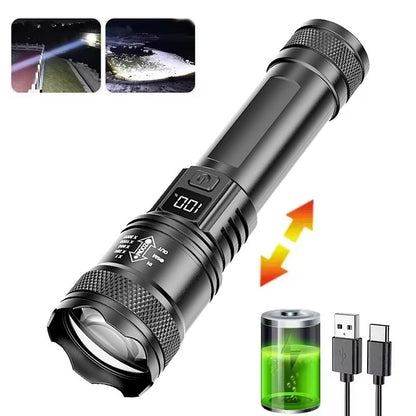 Lanterna LED de alta potência, recarregável via USB, com bateria embutida, super brilhante, para emergências e acampamento ao ar livre