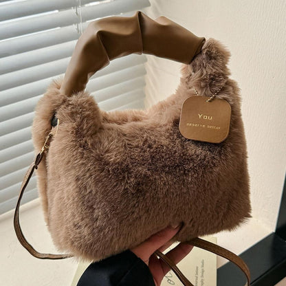 New Winter Plush Handbag Small Half Moon Crossbody Bag Simple Elegant Cute Ladies Shoulder Bag