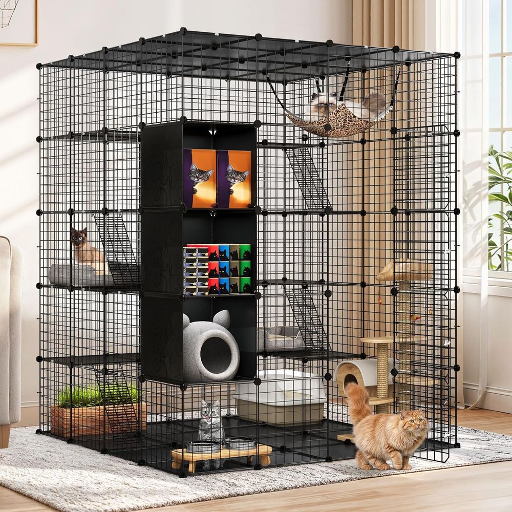 Gaiola Grande Interna com Armazenamento Cubo DIY Gatis Externos Cercados Metálicos com Rede Plataformas para 1-4 Gatos 5 Níveis
