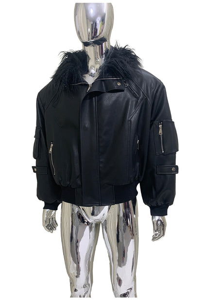 Mauroicardi Autumn Winter Short Oversized Black Warm Pu Leather Jacket Men with Faux Fur Trim Hood Loose Casual Korean Fashion