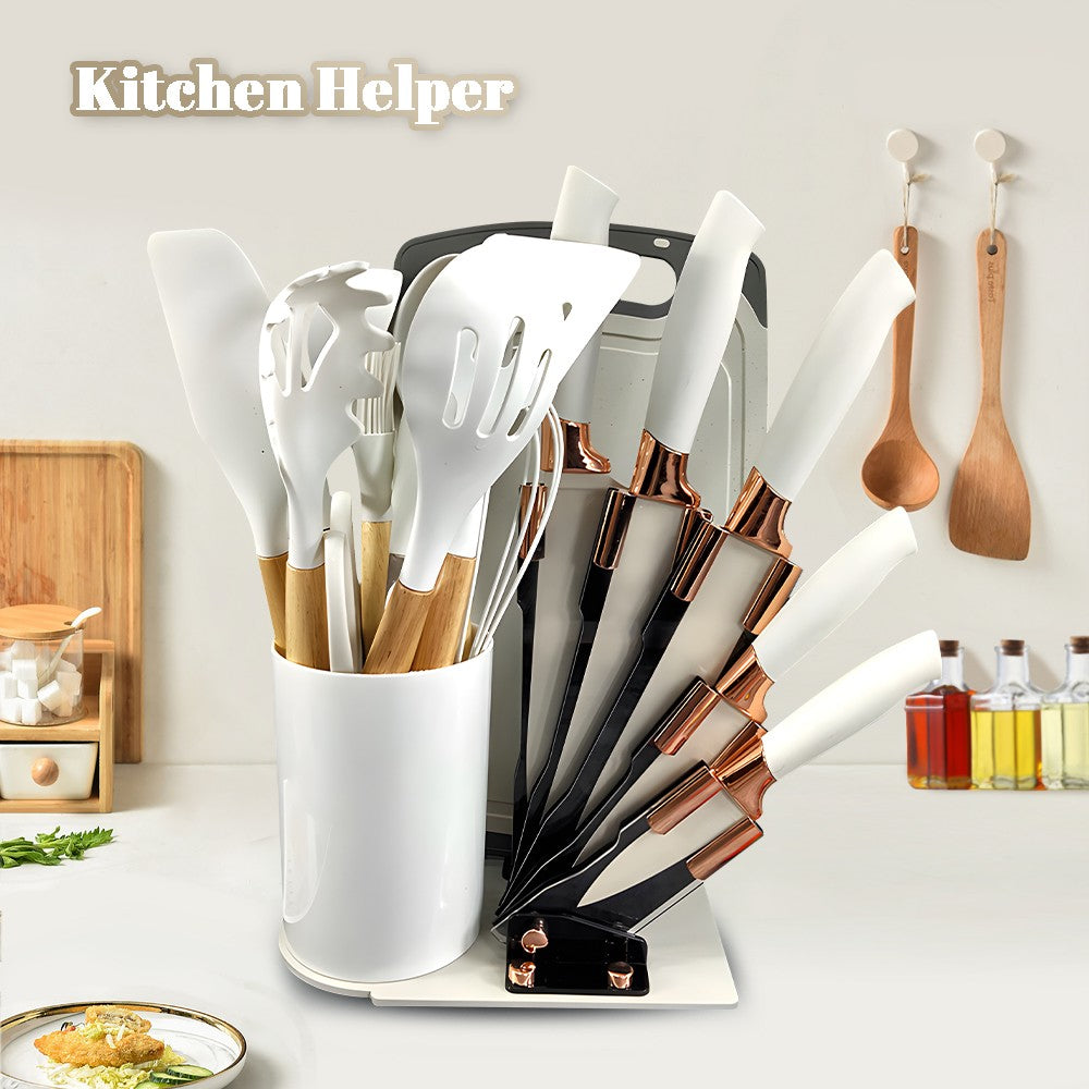 MDHAND Kit de Utensílios de Cozinha de Silicone Resistente ao Calor com 20 Peças, com Cabos de Madeira, Facas, Colher de Sopa com Tesouras, Cozinhe Sem Complicações