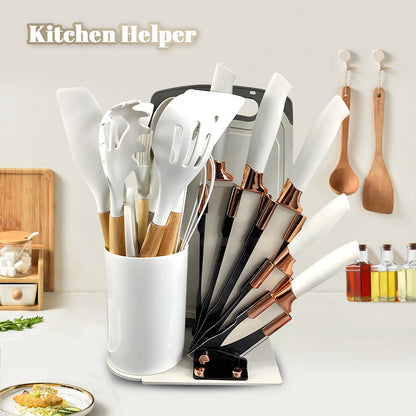 MDHAND Kit de Utensílios de Cozinha de Silicone Resistente ao Calor com 20 Peças, com Cabos de Madeira, Facas, Colher de Sopa com Tesouras, Cozinhe Sem Complicações