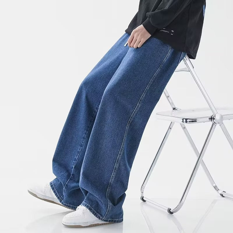 Korean Solid Colors Men's Casual Long Jeans Classic male Four Seasons Straight Denim Wide-leg Pants Light Blue Grey Black S-3XL