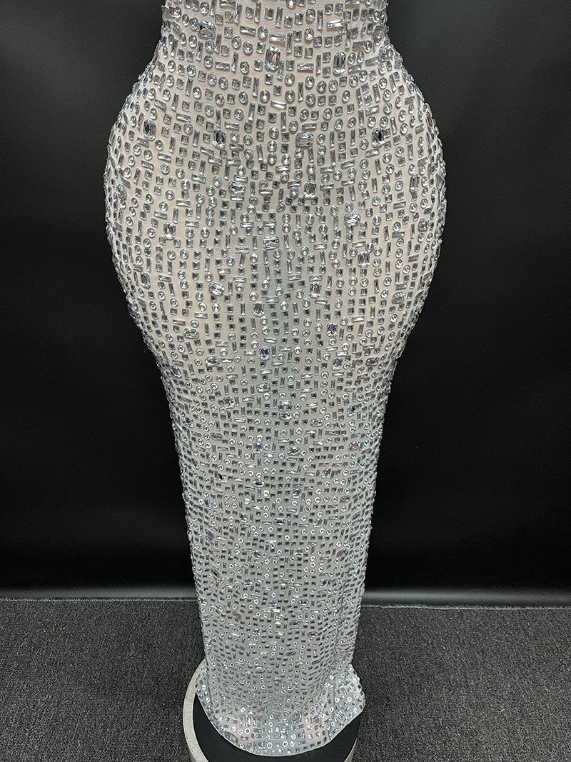 Sexy Full Drill Elastic Slim Fit Sleeveless Long Dress - Hip Wrap, For Host Stage Catwalk & Engagement Evening High-Slit Dresses