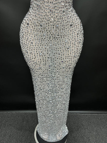 Sexy Full Drill Elastic Slim Fit Sleeveless Long Dress - Hip Wrap, For Host Stage Catwalk & Engagement Evening High-Slit Dresses