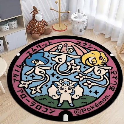 MINISO Japanese Anime Pokemon Round Rugs Non-Slip Floor Mat for Home Living Room Bedroom Circle Rug Washable Round Carpet Decor
