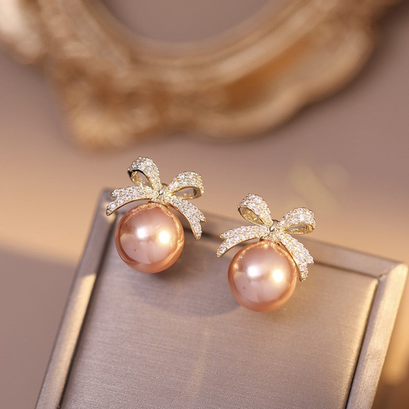 Brincos de Pérolas com Laço de Strass Brilhantes Joias Femininas Modernas de Luxo Presentes de Aniversário de Casamento