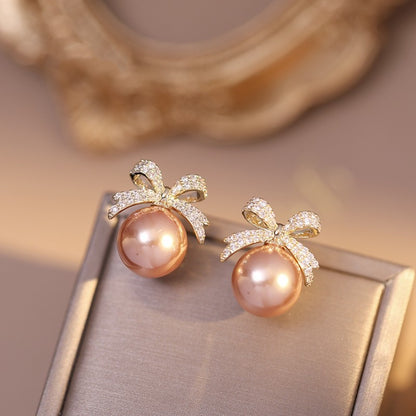 Brincos de Pérolas com Laço de Strass Brilhantes Joias Femininas Modernas de Luxo Presentes de Aniversário de Casamento
