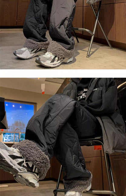 Heavy Winter Cotton Waterproof Splicing Lamb Fleece Cotton Pants for Men and Women, Solid Color Diamond Grid Embroidered Clip Co