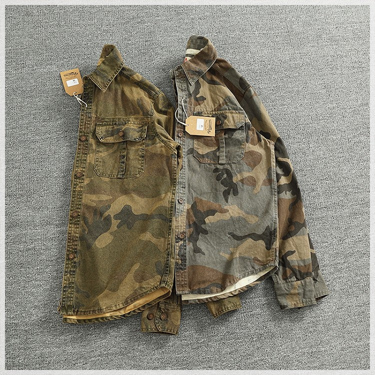 2024 Autumn and Winter New American Retro Woven Camouflage Cargo Shirt Men's 100% Cotton Washed Old Double Pockets Thin Jacket