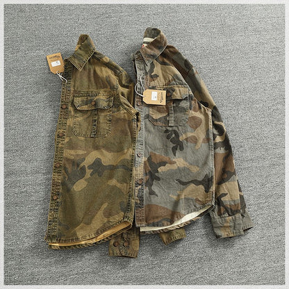 2024 Autumn and Winter New American Retro Woven Camouflage Cargo Shirt Men's 100% Cotton Washed Old Double Pockets Thin Jacket