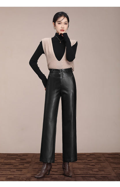 ZUZK Winter Pu Leather Pants New Elastic Waist Straight Pants PU Leather Trousers Large Size Fashion Warm Long Pants
