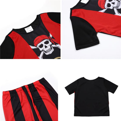 10PC Boys Pirate Costume Set with Skull Print Striped Shirt Pants Halloween Cosplay Outfit and Toy Gift Accessories