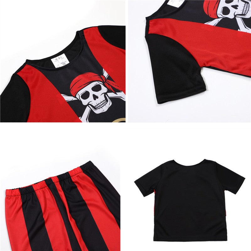 10PC Boys Pirate Costume Set with Skull Print Striped Shirt Pants Halloween Cosplay Outfit and Toy Gift Accessories