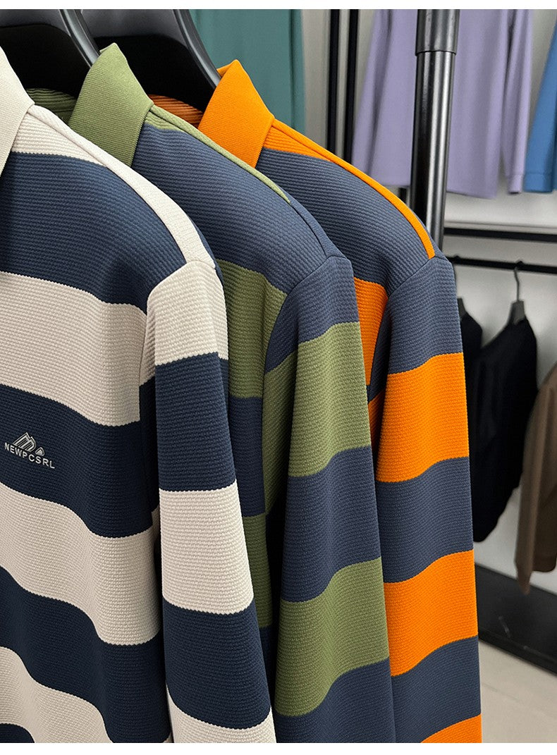 Unique stripe color blocked long sleeve polo shirt men high-end trend brand letters embossed spring autumn new comfort T-shirt