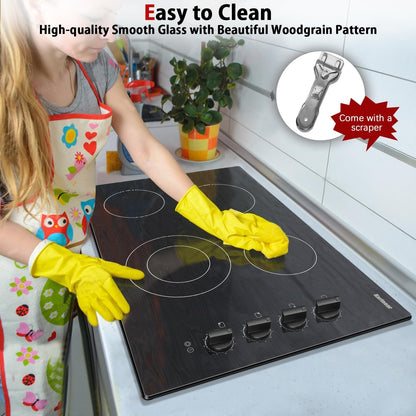 Karinear 4 Burners Ceramic Electric Cooktop, Knob Control, Beautiful Wooden Pannel, 30" Built-in,6700W, 220-240v Hard Wired